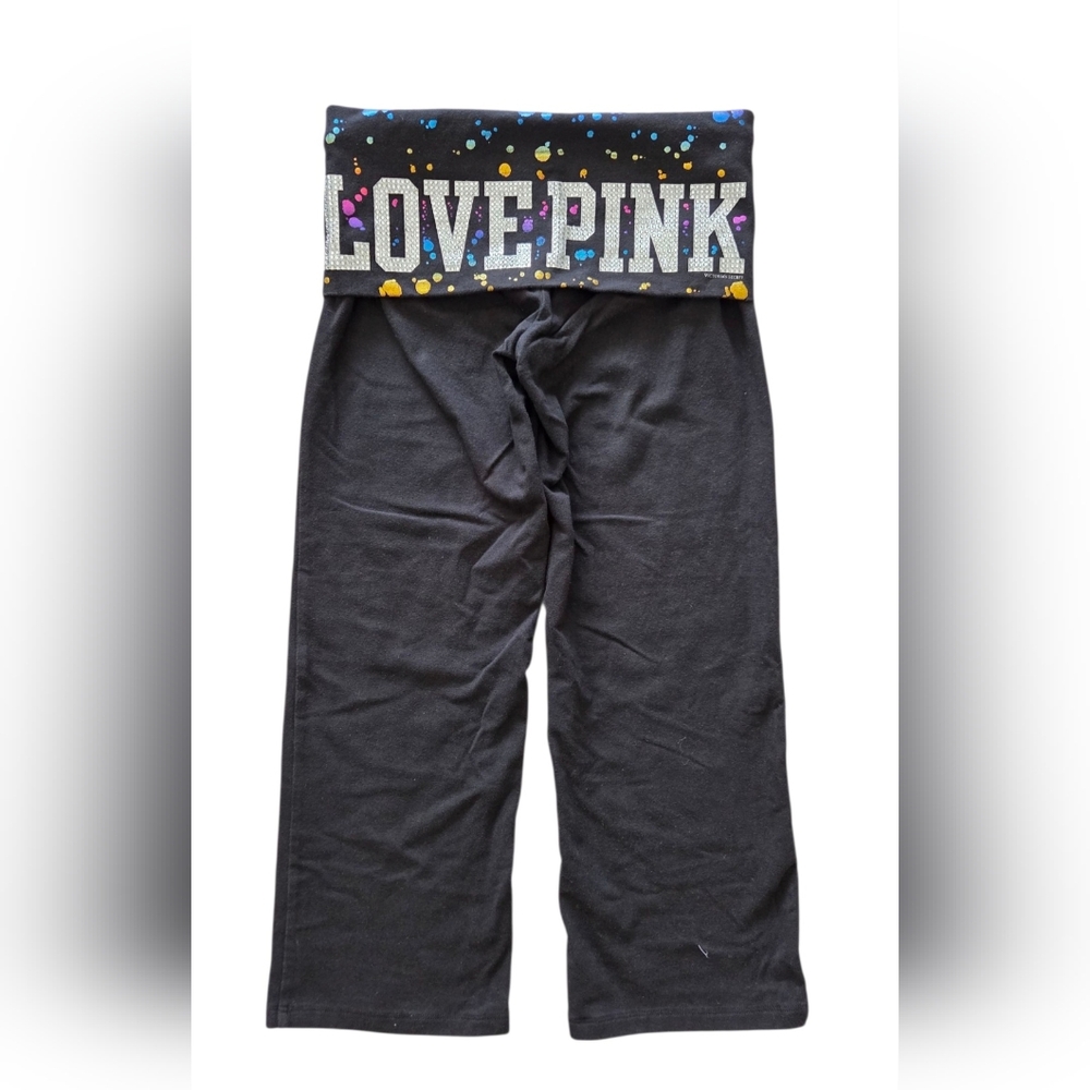 Y2K PINK Victoria's Secret Foldover Yoga Capri Pants XS Bling Rhinestones Rainbo